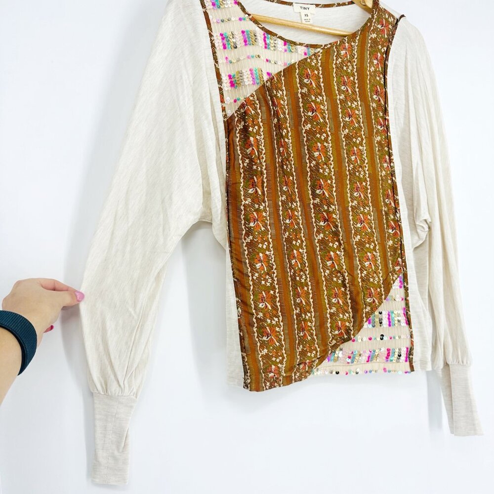 Anthropologie Tiny Sammi Sequined Puff Sleeve Boho Top Blouse Neutral XS - Picture 5 of 10